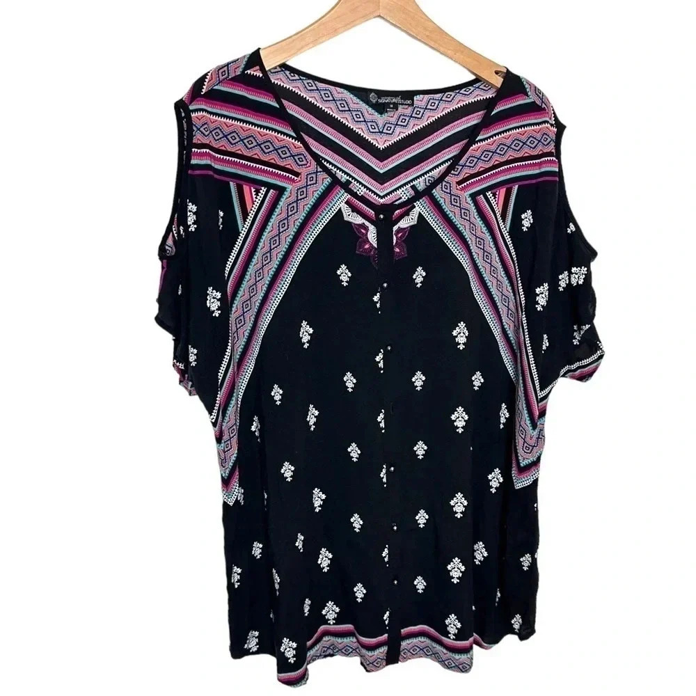Signature Studio Blouse 1X Black Boho Cold Shoulder Geometric Tribal V-Neck
